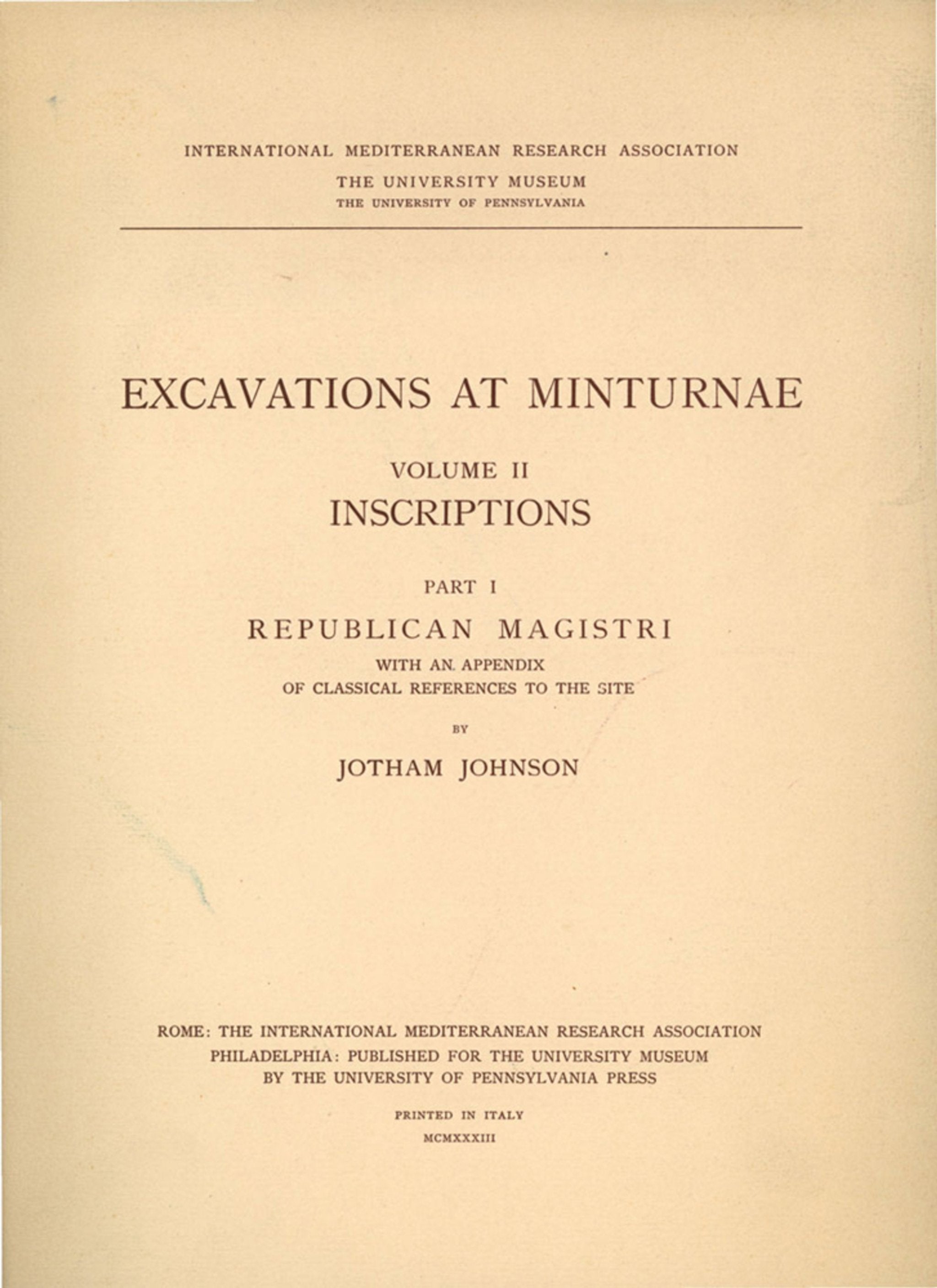 Cover image for Excavations at Minturnae, II ISBN 9780686119067